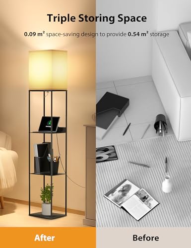 Evajoy Floor Lamp with Shelves, Smart RGB Floor Lamps Work with Alexa, with 2 USB Ports & 1 AC Output, Modern 4-Tier Lamp for Display Storage,Black
