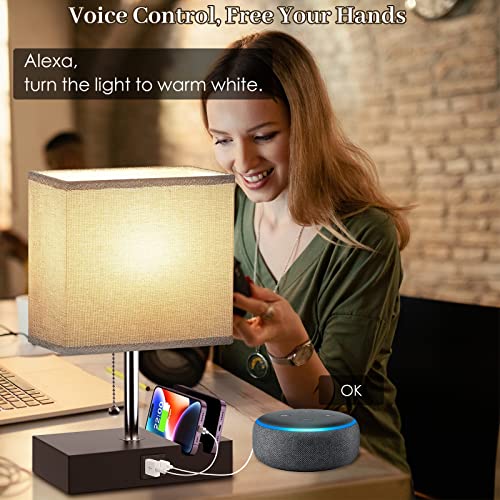 Smart RGB Dimmable Table Lamp Work with Alexa&APP&Remote Control, Bedside Desk Lamp with Charging Ports&Outlet&Phone Stand, Music Sync Nightstand Lamp for Bedroom Living Room Office Dorm,Bulb Included