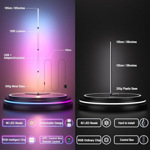 Buyya Smart LED Floor Lamp: 65 Inch RGB Corner Lamp 16 Million Colour Changing Corner Light Music Sync DIY Mode with APP/Remote Control Standing Lamps for Living Room Bedroom Decoration