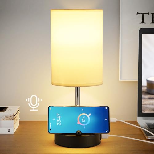 Briever AI Voice Control Bedside Table Lamp for Bedroom, 3-Way Dimmable Nightstand Lamp with USB A+C Ports, Smart Touch Sensor Desk Lamp with Round Linen Fabric Shade for Livingroom, Bulb Included