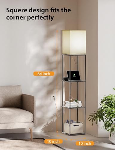 Evajoy Floor Lamp with Shelves, Smart RGB Floor Lamps Work with Alexa, with 2 USB Ports & 1 AC Output, Modern 4-Tier Lamp for Display Storage,Black