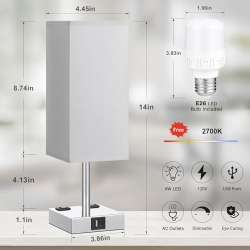 【Upgraded】Bedside Table Lamp Touch Control, with USB C+A Charging Ports & Dual AC Outlets, 3-Way Nightstand Lamp for Bedroom with LampShade Living Room Office(LED Dimmable Bulb Included)