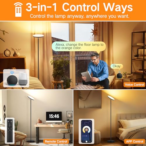 OUTON Smart LED Floor Lamp, 30W/3000LM Dimmable Bright Torchiere Sky Lamp Compatible with Alexa Google Home, WiFi Remote, Tall Standing Lamp with 4 Color Temperature for Living Room Bedroom Office