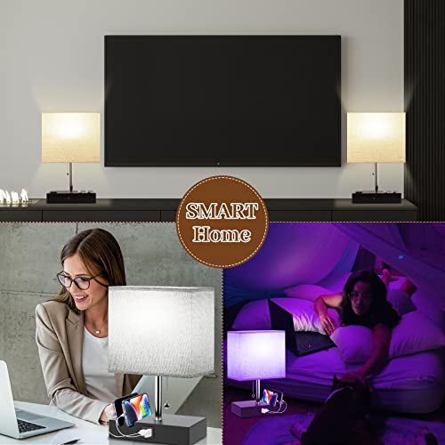 Smart RGB Dimmable Table Lamp Work with Alexa&APP&Remote Control, Bedside Desk Lamp with Charging Ports&Outlet&Phone Stand, Music Sync Nightstand Lamp for Bedroom Living Room Office Dorm,Bulb Included