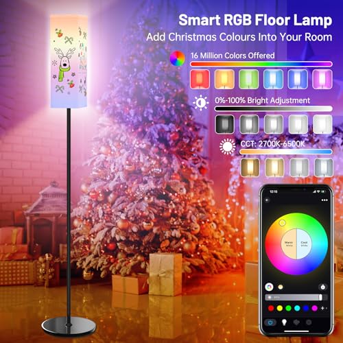 Smart RGB Floor Lamp for Living Room, Bedroom, Modern LED Standing Tall Lamp, WiFi Music Smart Corner Lamp with Remote Control, Dimmable, Compatible with Alexa and Google Home (2 lampshades)
