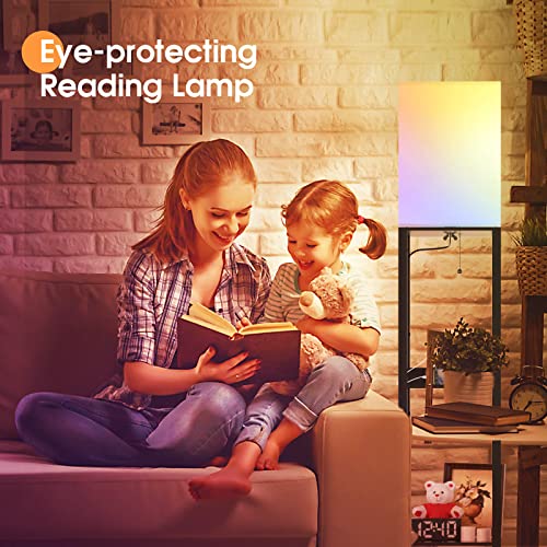 PAZZO Smart RGB Floor lamp with Shelves, Shelf Floor Lamp with Alexa, Solid Wood with 2 Charging Ports and 1 Power Outlet, Modern Standing Lamp for livingroom, Bedroom,Bulb Included,Matt Black