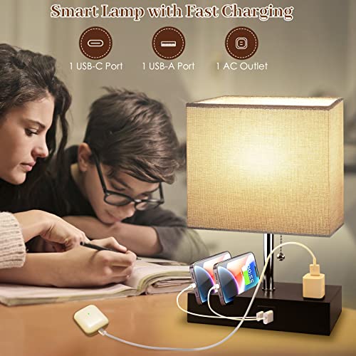 Smart RGB Dimmable Table Lamp Work with Alexa&APP&Remote Control, Bedside Desk Lamp with Charging Ports&Outlet&Phone Stand, Music Sync Nightstand Lamp for Bedroom Living Room Office Dorm,Bulb Included