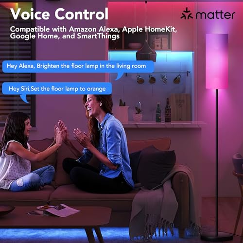 PARTPHONER Floor Lamps for Living Room with Matter Smart LED Light Bulb Work with Google Home/Alexa/Apple Home/SmartThings/Siri, Modern Standing Lamp Color Changing Light Bulb, Smart Home Integration