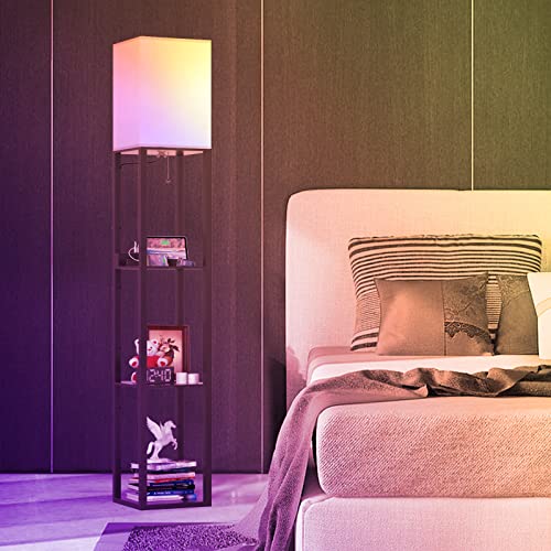 PAZZO Smart RGB Floor lamp with Shelves, Shelf Floor Lamp with Alexa, Solid Wood with 2 Charging Ports and 1 Power Outlet, Modern Standing Lamp for livingroom, Bedroom,Bulb Included,Matt Black