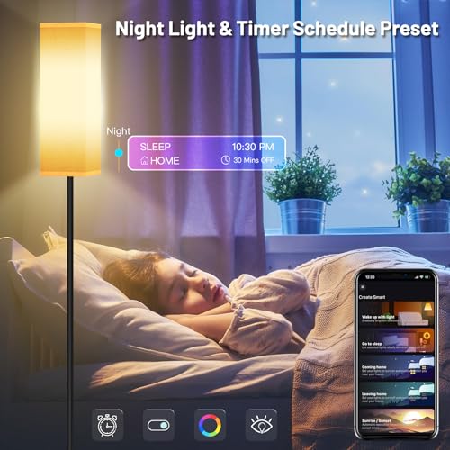 Smart RGB Floor Lamp for Living Room, Bedroom, Modern LED Standing Tall Lamp, WiFi Music Smart Corner Lamp with Remote Control, Dimmable, Compatible with Alexa and Google Home (2 lampshades)