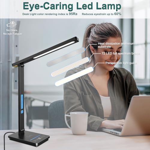 10 in 1 Smart Desk Lamp, Desk Table Lamp for Office, Eye-Caring Office Lamp with Night Light, Lamp for Desk with 10W Wireless Charger, Dimmable Touch Lamp for Home College Dorm Reading Study Work Room
