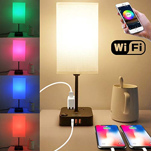 cozoo Bluetooth/WiFi RGB & USB Bedside Table Lamp with 3 USB Charging Ports and 2 Outlets Power Strip, LED Light Bulb Dimmable, Music Sync RGB Color Changing Light for Party Home/Bedroom/Living Room