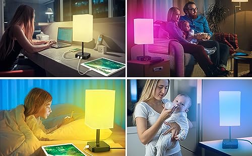 cozoo Bluetooth/WiFi RGB & USB Bedside Table Lamp with 3 USB Charging Ports and 2 Outlets Power Strip, LED Light Bulb Dimmable, Music Sync RGB Color Changing Light for Party Home/Bedroom/Living Room