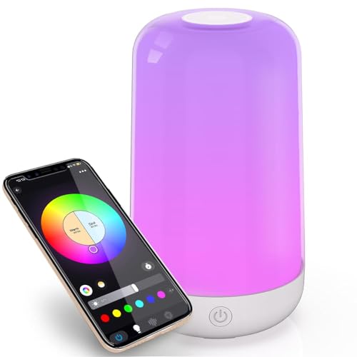 Smart Touch Table Lamp Works with App, Dimmable Small RGB Bedside Bed Lamp for Bedroom, Cordless LED Night Desk Lamp Rechargeable Color Changing Nightstand Mood Cozy Lamp for Living Room Baby Nursery.