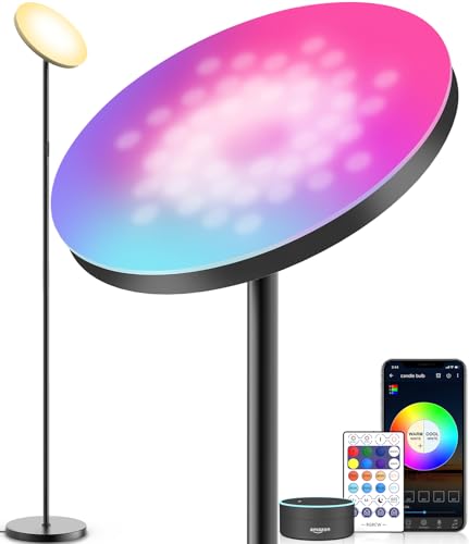 YHW Smart RGB LED Floor Lamp Works with Alexa Google Home, WiFi Remote Modern Tall Standing Light, Super Bright 2000LM Color Changing & Dimmable Sky Torchiere for Living Room, Bedroom (Black)