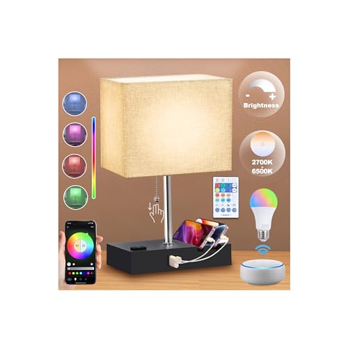 NEWREACH RGB Smart Table Lamp with Remote Control - Alexa Lamp for Bedroom with Voice & APP Control & Music Sync, Dimmable Nightstand Lamp with Charging Station for LIving Room, Alexa Bulb Included
