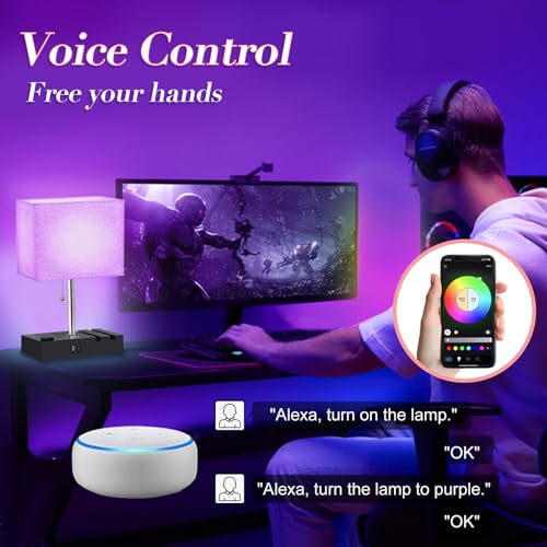 NEWREACH RGB Smart Table Lamp with Remote Control - Alexa Lamp for Bedroom with Voice & APP Control & Music Sync, Dimmable Nightstand Lamp with Charging Station for LIving Room, Alexa Bulb Included