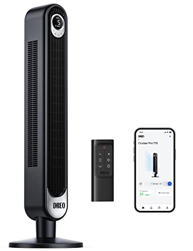 Dreo Smart Tower Fan WiFi Voice Control, Works with Alexa/Google, Cruiser Pro T1S Floor Standing Bladeless Oscillating Fan with Remote, 6 Speeds, 4 Modes, 12H Timer, for Indoor Bedroom Home Office