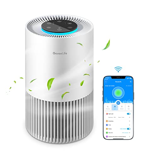 GoveeLife Smart Air Purifiers for Bedroom, with WiFi Alexa Control, HEPA 24dB Quiet Air Purifier with Fragrance Sponge, RGB Night Light, for Pet Dander, Allergies, Smoke, Office and Desktop, White