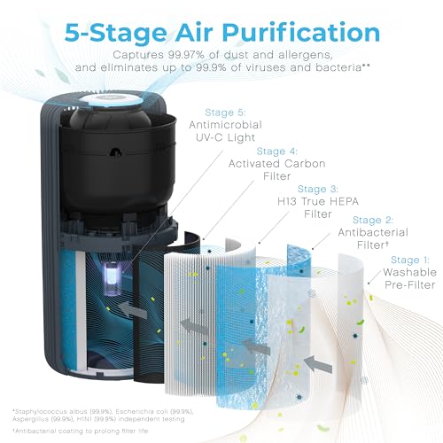 Pure Enrichment® PureZone™ Turbo Smart Air Purifier for Large Rooms (1050 sq. ft. in 30 min.) - Energy Star Rated, 5 Stage Filtration, Smartphone Compatible, Traps Germs, Smoke, & Dust (Graphite)