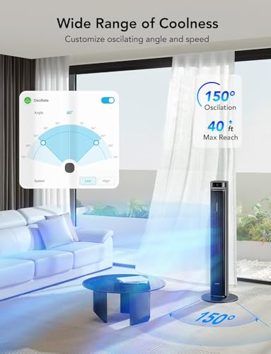 GoveeLife 42'' Tower Fan for Bedroom, Smart Floor Fans with 150° Adjustable Oscillating, APP & Voice Control, 5 Modes 12 Speeds up to 26ft/s, 24H Timer, 27dB Quiet Fan for Cooling Home Office Silver
