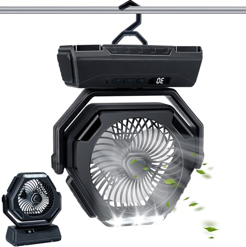 Furnsii Battery Operated Fan for Camping, Rechagerable Camp Fan with Lights & Hook & LED Display, Smart Oscillating Outdoor Portable USB Camping Fan for Tent, Travel, Picnic, Barbecue