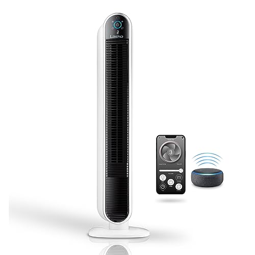 Lasko Smart Oscillating Tower Fan Powered by Aria, Wi-Fi Connected, Voice Controlled, Compatible with Alexa and Google Assistant, Timer, 5-Speeds, 40", White, T40735, Large