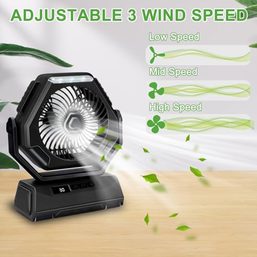 Furnsii Battery Operated Fan for Camping, Rechagerable Camp Fan with Lights & Hook & LED Display, Smart Oscillating Outdoor Portable USB Camping Fan for Tent, Travel, Picnic, Barbecue