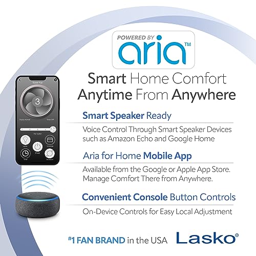 Lasko Smart Oscillating Tower Fan Powered by Aria, Wi-Fi Connected, Voice Controlled, Compatible with Alexa and Google Assistant, Timer, 5-Speeds, 40", White, T40735, Large