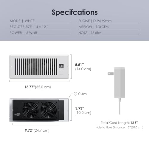 BIOWIND Quiet Register Booster Fan, Smart Register Vent Fits 4" x 12" Register Holes with Remote Control and Thermostat Control, Heating Cooling AC Vent Fan - White