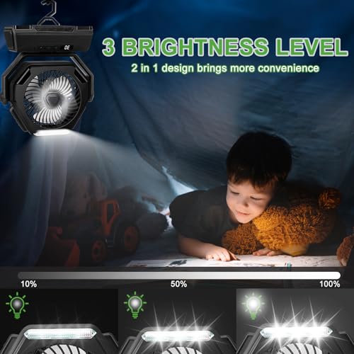Furnsii Battery Operated Fan for Camping, Rechagerable Camp Fan with Lights & Hook & LED Display, Smart Oscillating Outdoor Portable USB Camping Fan for Tent, Travel, Picnic, Barbecue