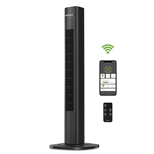 HOLMES 36" Smart WI-FI Connected Tower Fan, Alexa Fan, Voice Control, Oscillation, Digital Control Panel, Remote Control, 3 Speed Settings, 3 Modes, 15-Hour Auto-Shut Off Timer, Black Finish