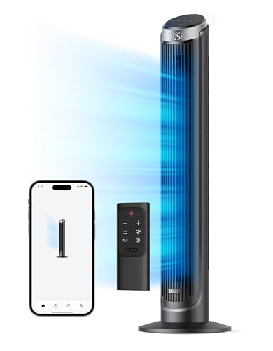 Dreo Smart Tower Fan for Bedroom, 90° Oscillating, Quiet 26ft/s Velocity Floor Fan with Remote, Standing Fans for Indoors, 5 Speeds, 8H Timer, Voice Control Bladeless Room Fan, Works with Alexa, Black