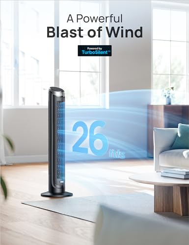 Dreo Smart Tower Fan for Bedroom, 90° Oscillating, Quiet 26ft/s Velocity Floor Fan with Remote, Standing Fans for Indoors, 5 Speeds, 8H Timer, Voice Control Bladeless Room Fan, Works with Alexa, Black
