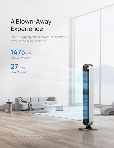 Dreo Tower Fan for Bedroom, 42 Inch 120° Oscillating Fan, 25dB Quiet DC Motor, 27ft/s Velocity Bladeless Standing Fan with 12 Speeds, 4 Modes, 12H Timer Cooling Fans for Home, Living Room, Pilot Max S