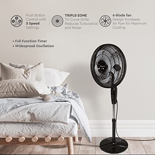 Comfort Zone Smart WiFi Oscillating Stand Fan, 18 inch, 3 Speed, Wall-Mountable, Voice Control, Full-Function Timer, Adjustable Stand up to 53 inches, Tri-Curve Technology to Reduce Noise, CZST180SBK