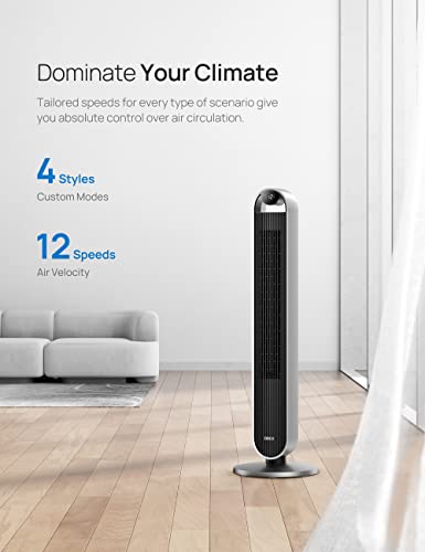 Dreo Tower Fan for Bedroom, 42 Inch 120° Oscillating Fan, 25dB Quiet DC Motor, 27ft/s Velocity Bladeless Standing Fan with 12 Speeds, 4 Modes, 12H Timer Cooling Fans for Home, Living Room, Pilot Max S