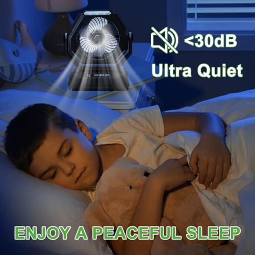 Furnsii Battery Operated Fan for Camping, Rechagerable Camp Fan with Lights & Hook & LED Display, Smart Oscillating Outdoor Portable USB Camping Fan for Tent, Travel, Picnic, Barbecue