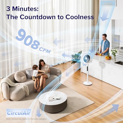 LEVOIT Standing Fan for Bedroom, 82ft CirculAir Oscillating Fan, 20dB, 908CFM Ultra-High Airflow Floor Fan, DC Motor, 9 Speeds, 4 Modes, Remote Control, Sensor, 9H Timer, Pedestal & Tabletop