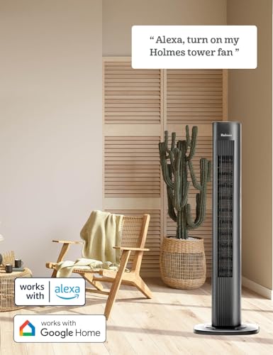 HOLMES 36" Smart WI-FI Connected Tower Fan, Alexa Fan, Voice Control, Oscillation, Digital Control Panel, Remote Control, 3 Speed Settings, 3 Modes, 15-Hour Auto-Shut Off Timer, Black Finish