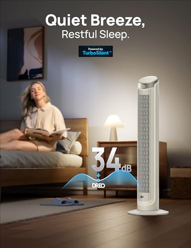 Dreo Smart Tower Fan for Bedroom, Standing Fans for Indoors, 90° Oscillating, 26ft/s Velocity Quiet Floor Fan with Remote, 8H Timer, Voice Control Fans for Indoors, Compatible with Alexa