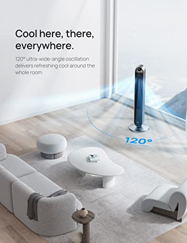 Dreo Tower Fan for Bedroom, 42 Inch 120° Oscillating Fan, 25dB Quiet DC Motor, 27ft/s Velocity Bladeless Standing Fan with 12 Speeds, 4 Modes, 12H Timer Cooling Fans for Home, Living Room, Pilot Max S