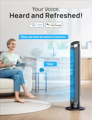 Dreo Smart Tower Fan for Bedroom, 90° Oscillating, Quiet 26ft/s Velocity Floor Fan with Remote, Standing Fans for Indoors, 5 Speeds, 8H Timer, Voice Control Bladeless Room Fan, Works with Alexa, Black