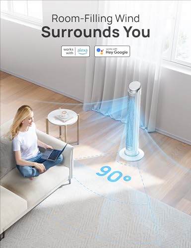 Dreo Smart Tower Fan for Bedroom, Standing Fans for Indoors, 90° Oscillating, 26ft/s Velocity Quiet Floor Fan with Remote, 8H Timer, Voice Control Fans for Indoors, Compatible with Alexa