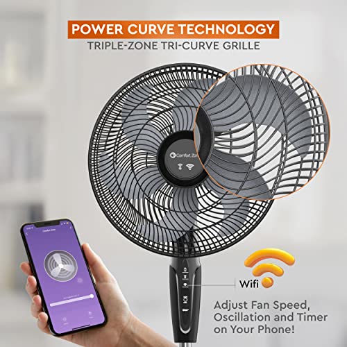 Comfort Zone Smart WiFi Oscillating Stand Fan, 18 inch, 3 Speed, Wall-Mountable, Voice Control, Full-Function Timer, Adjustable Stand up to 53 inches, Tri-Curve Technology to Reduce Noise, CZST180SBK
