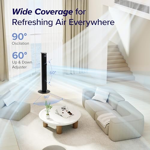 LEVOIT Smart 42'' Tower Fan for Bedroom, Oscillating Fan with Quiet 26ft/s Velocity 25dB, Brushless DC Motor, 12 Speeds, 4 Modes, 24H Timer with APP, Works with Alexa, Standing Bladeless Fan for Home