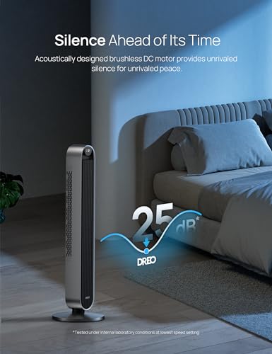 Dreo Tower Fan for Bedroom, 42 Inch 120° Oscillating Fan, 25dB Quiet DC Motor, 27ft/s Velocity Bladeless Standing Fan with 12 Speeds, 4 Modes, 12H Timer Cooling Fans for Home, Living Room, Pilot Max S