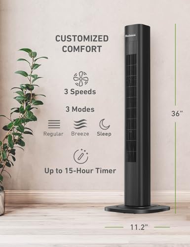 HOLMES 36" Smart WI-FI Connected Tower Fan, Alexa Fan, Voice Control, Oscillation, Digital Control Panel, Remote Control, 3 Speed Settings, 3 Modes, 15-Hour Auto-Shut Off Timer, Black Finish