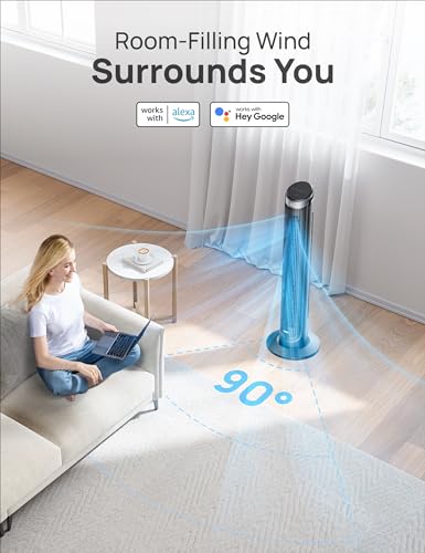 Dreo Smart Tower Fan for Bedroom, 90° Oscillating, Quiet 26ft/s Velocity Floor Fan with Remote, Standing Fans for Indoors, 5 Speeds, 8H Timer, Voice Control Bladeless Room Fan, Works with Alexa, Black