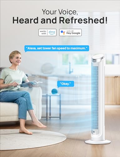 Dreo Smart Tower Fan for Bedroom, Standing Fans for Indoors, 90° Oscillating, 26ft/s Velocity Quiet Floor Fan with Remote, 8H Timer, Voice Control Fans for Indoors, Compatible with Alexa